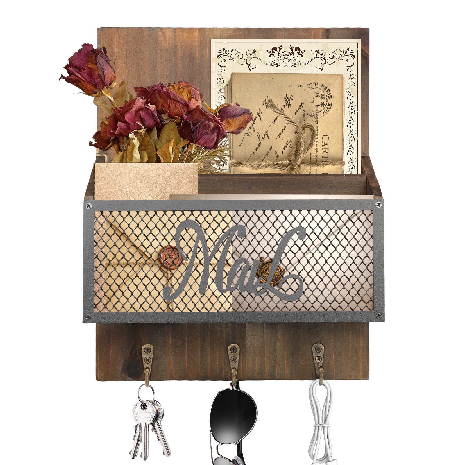Dongyi Rustic Farmhouse Mail Organizer Wall Mounted - Wooden Mail Sorter with 3 Hooks for Letters, Keys & Magazines, Brown Entryway Decor with Newspaper Slot