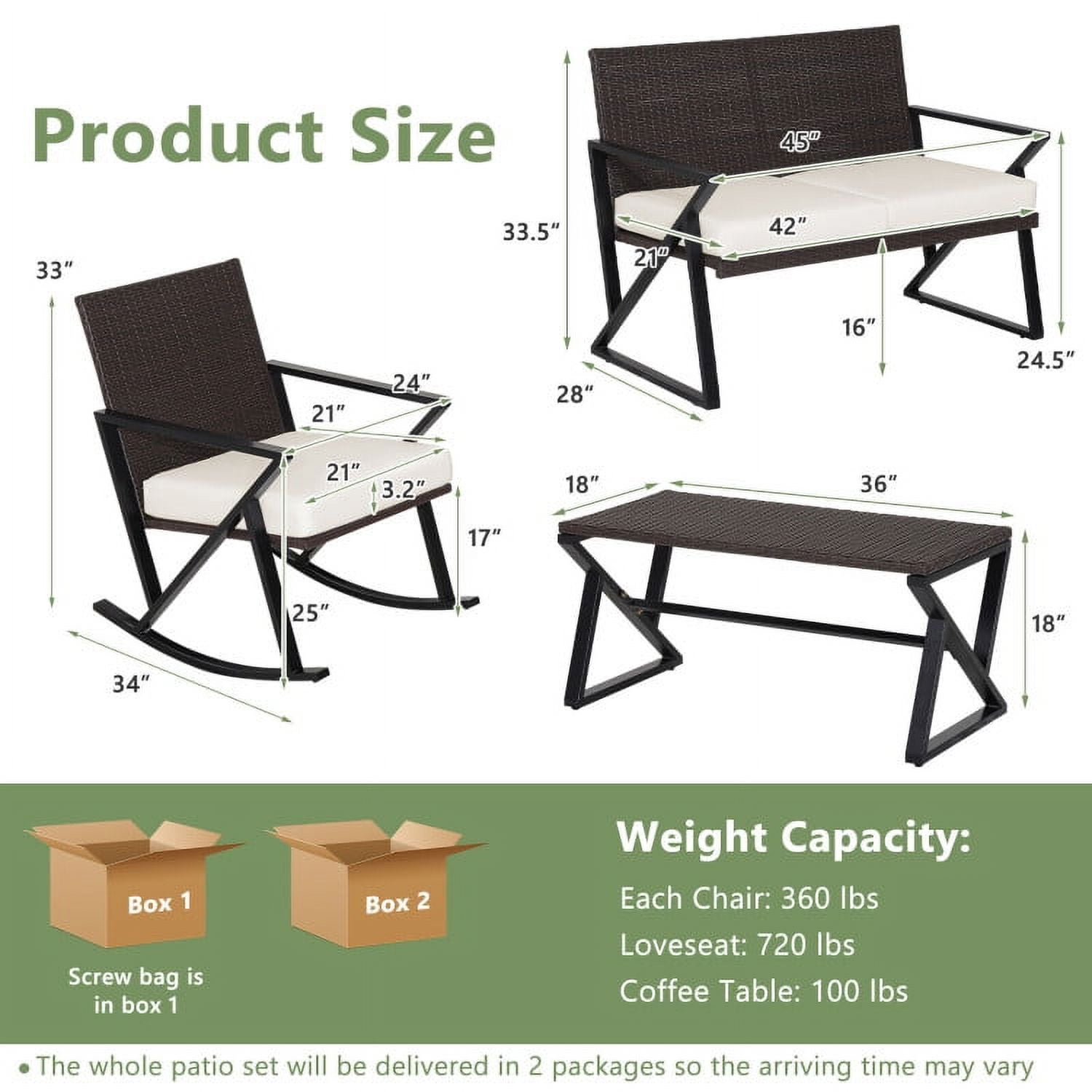 Aimee Lii 4 Piece Patio Wicker Rocking Chairs Set with Heavy-Duty Metal Frame, Backyard Furniture, White