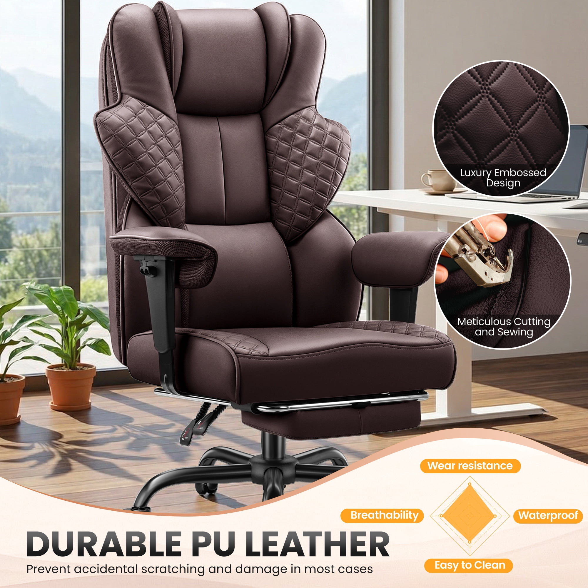 COOLHUT Big and Tall Office Chair 500lbs, Heavy Duty Ergonomic Office Desk Chair with Deluxe Embossing PU Leather with Footrest, Executive Gaming Chair with Lumbar Support, Coffee