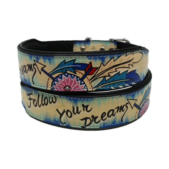 Medium 17''- 21''   Hand-Painted Dreamcatcher Padded Leather Dog Collar 60FK37