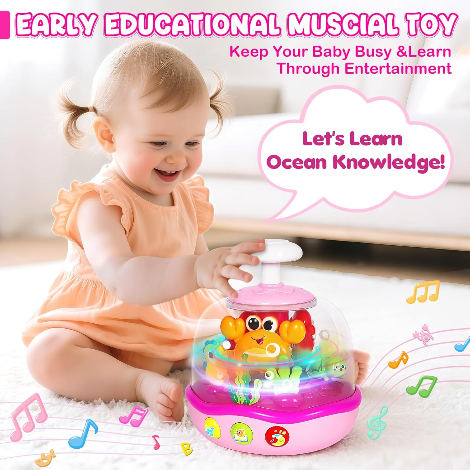 Aijohnny Baby Musical Learning Light up Toys, Infant Ocean Projector Rotating Music Box, Press to Glow & Spin Infant Toy,Christmas Birthday Gifts for 6-12 Month & 1-3 3-5 Year Old