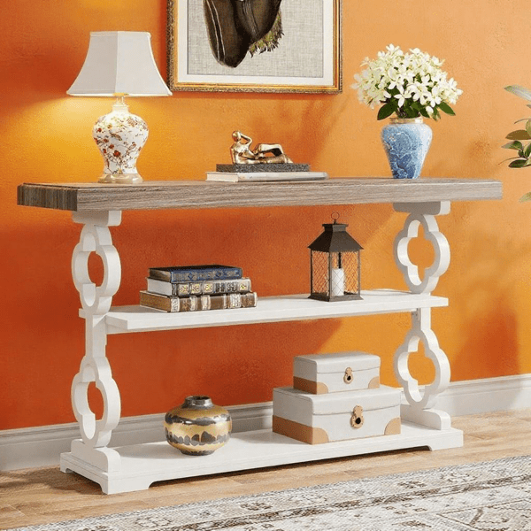 55" Farmhouse Console Table, 3-Tier Rustic Entryway Table with French Country Charm, Grey Wood Grain Top & Floral Moldings for Entryway, Living Room & Sofa Behind