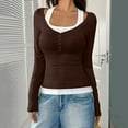 thumbnail image 5 of Lenpel Women's Long Sleeve T-Shirts Square Neck Quarter Button Color Block 2 in 1 Slim Tee Tops Soft Casual Blouses(Coffee,Medium), 5 of 6