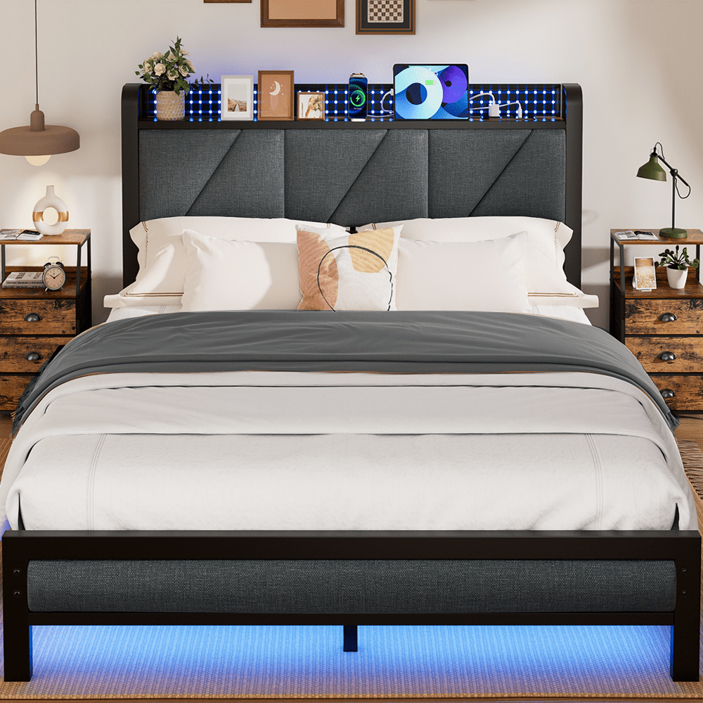 Satifur Queen Bed Frame with Upholstered Storage Headboard, Metal Platform Bed Station with Charging Station & LED, Noise-Free.No Box Spring Needed