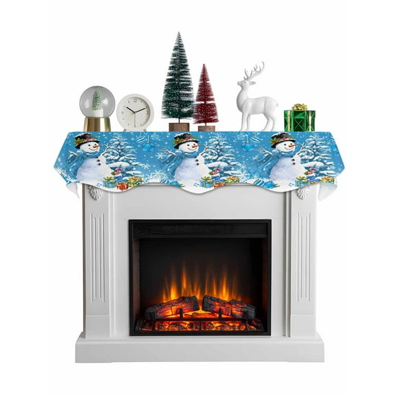 Blue Christmas Mantel Scarf Fireplace Decorations for Living Room, Snowman Xmas Tree Ball Gifts Winter Fireplace Mantel Scarf Cover Runner for Halloween/Thanksgiving/Christmas Decor 60"x17"