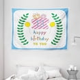thumbnail image 1 of 13th Birthday Decorations Tapestry, Pastel Colored Hand Drawn Cute Composition Leaves Gifts Balloons, Wall Hanging for Bedroom Living Room Dorm Decor, 80W X 60L Inches, Multicolor, by Ambesonne, 1 of 2
