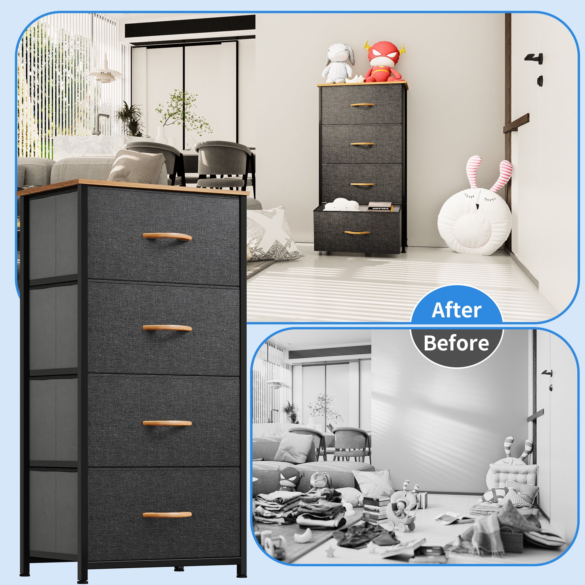 Uforic 4-Drawer Fabric Dresser, Storage Organizer for Bedroom, Living Room & Nursery, Dark Gray