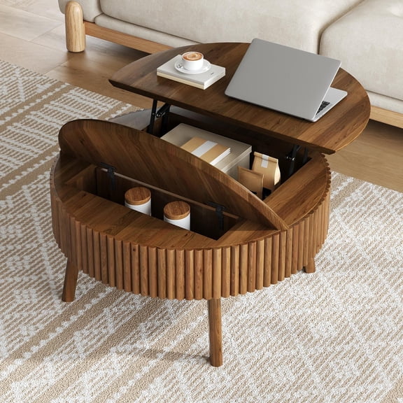 30.3-Inch Round Lift-Top Coffee Table with Half Flip-Top and Hidden Storage, Mid-Century Fluted Wood Center Table and Side Table for Living Room, Walnut