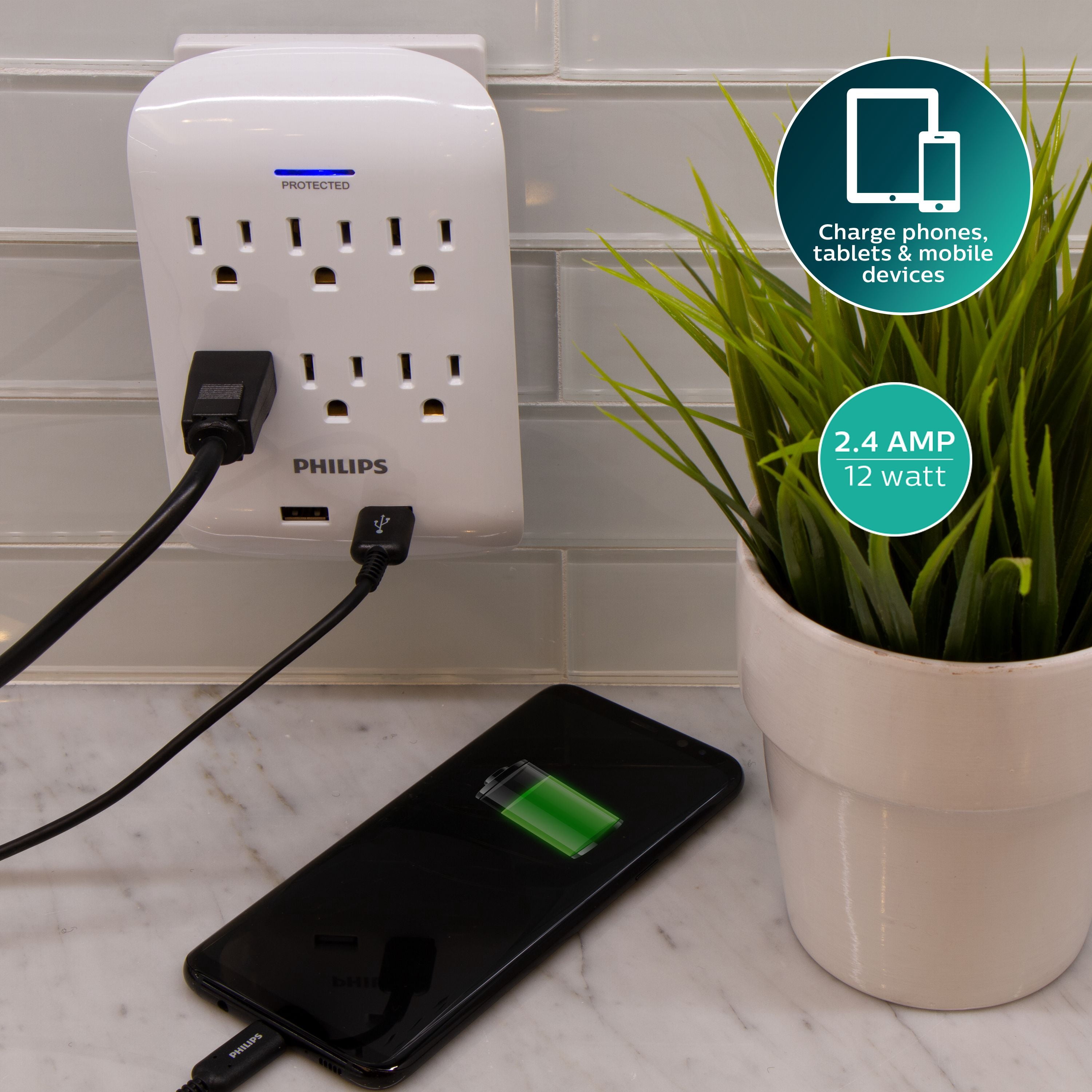 Philips Surge Tap, 6 Outlet, 2 USB-A, 2.1A, 900J, White