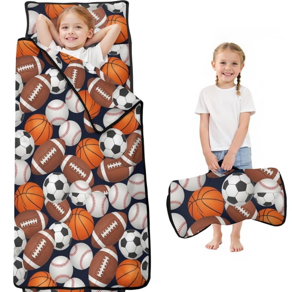 Football and Rugby Navy Pattern Teens Toddler Nap Mat with Pillow, Sleeping Mat Bag for Preschool Daycare 59"x22"