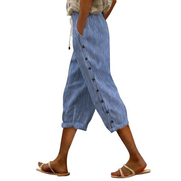 CYYOLLPF Cotton Capri Pants for Women Long Lounge Pant Yoga Capri Pants Hiking Wide Leg Pants Women' s Culottes Paper Bag Pants Yoga Sweatpants Womens Embroidery Floral Pants Blue L