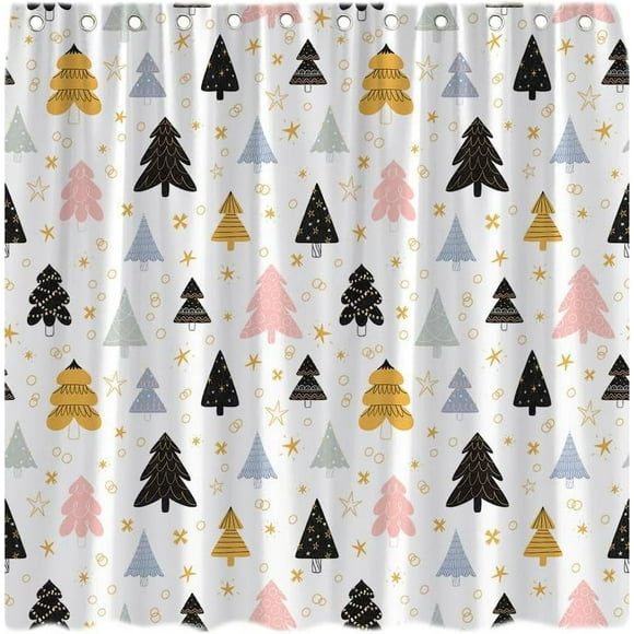 Christmas Tree Shower Curtain Colorful Xmas Pine Trees Snowflake Winter Holiday Happy New Year Festival Cartoon Decor Fabric Bath Curtain with Hook