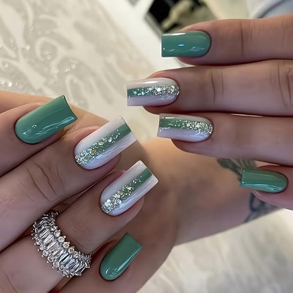 24 Pieces Short Square Press on Nails Set - Fresh White and Green Stripes for Trendy Nail Art