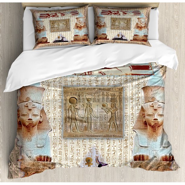 Egypt Duvet Cover Set, Eastern Heritage Ancient Egyptian Pharaoh Mummy Coffin Portrait Artwork