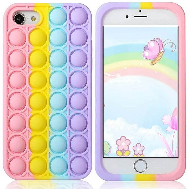 Pop It Phone Case para iPhone 8 7 6, Stress Reliever Push Pop Bubble Fidget Toys Cover, Cute Funny Soft Silicone Protective Shell para iPhone SE 4.7 pulgadas - Rainbow Adepaton WMCH-275
