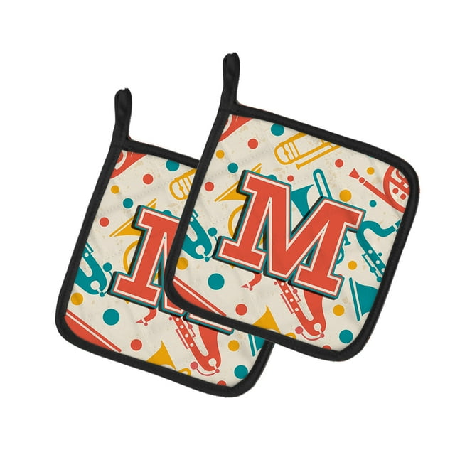 Carolines Treasures CJ2001-MPTHD Lettre m Rétro Bleu Sarcelle Orange Instruments de Musique Initiale Paire de Supports de Pot, 7.5 x 3 x 7.5 Po.