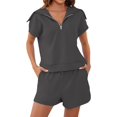 thumbnail image 1 of Women Two Piece Outfits Tracksuit Half Zip Lapel Cap Sleeve Sweatshirt High Waist Drawstring Shorts Set Sweatsuit, 1 of 6