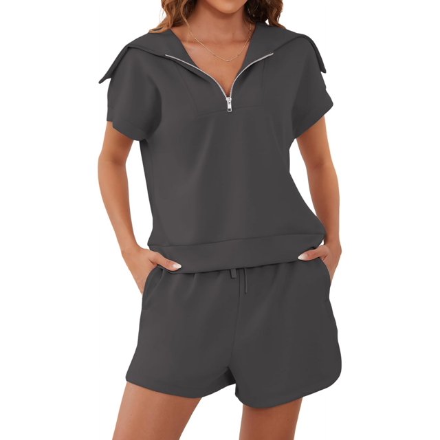 Women Two Piece Outfits Tracksuit Half Zip Lapel Cap Sleeve Sweatshirt High Waist Drawstring Shorts Set Sweatsuit