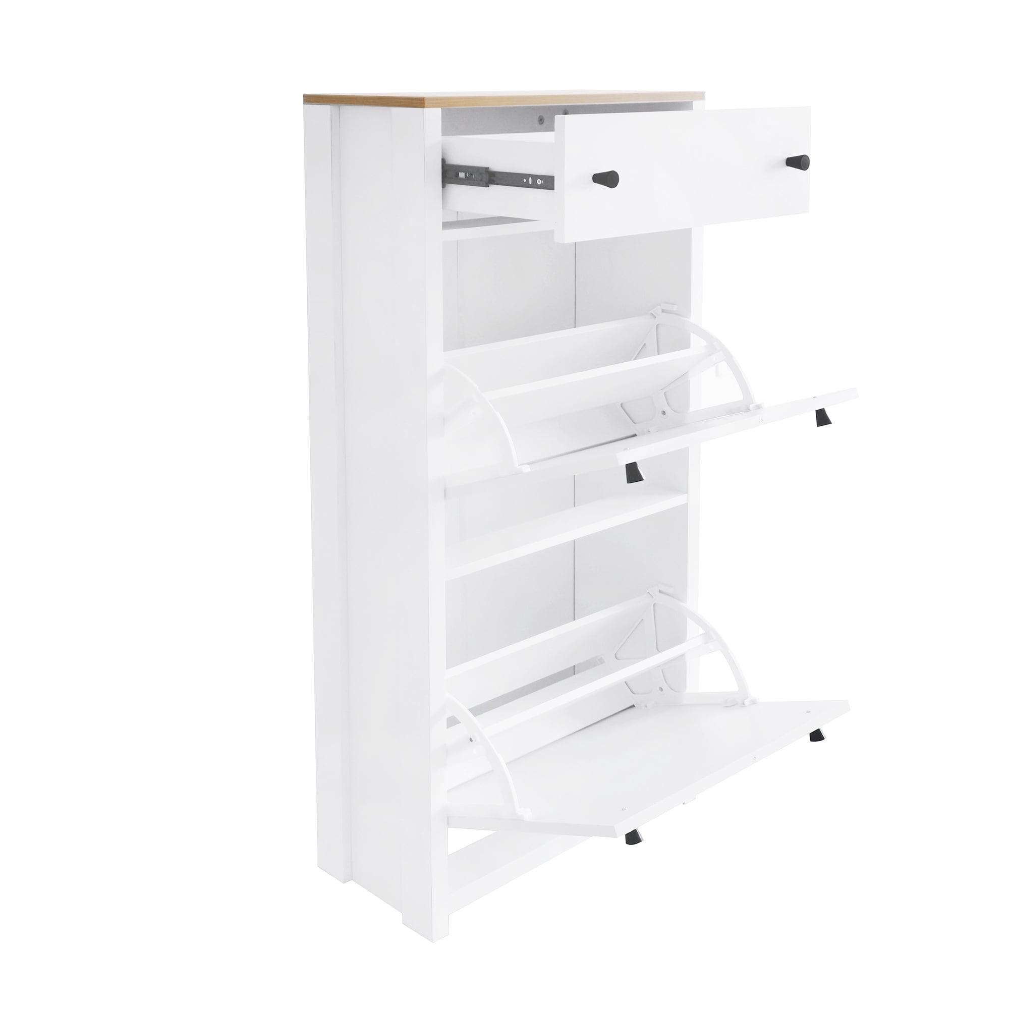 MAYEERTY Functional Entryway Organizer with 2 Flip Drawers, Wood Grain Pattern Top Shoe Cabinet with Drawer, Free Standing Shoe Rack with Adjustable Panel for Hallway, White