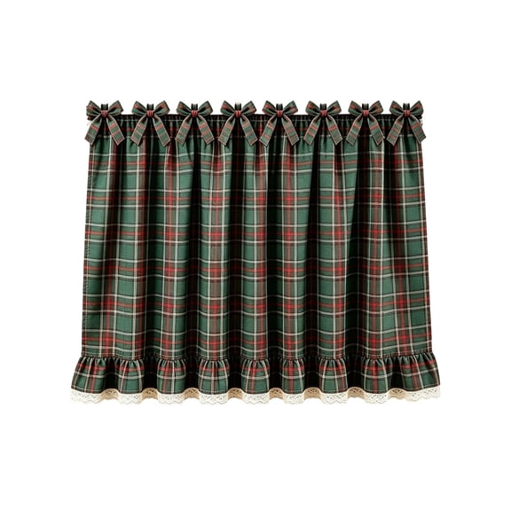 DeChang Christmas Oven Door Curtain, Plaid Festive Kitchen Half Curtain with Bowknot Lace Ruffle Trim, Washable Easy Install Vintage Holiday Home Appliance Decor,Multicolor