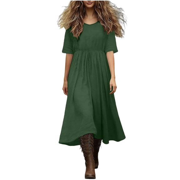 Iyufng Women's Summer Dresses Waist-Cinched Short-Sleeve Flowy Maxi Dress