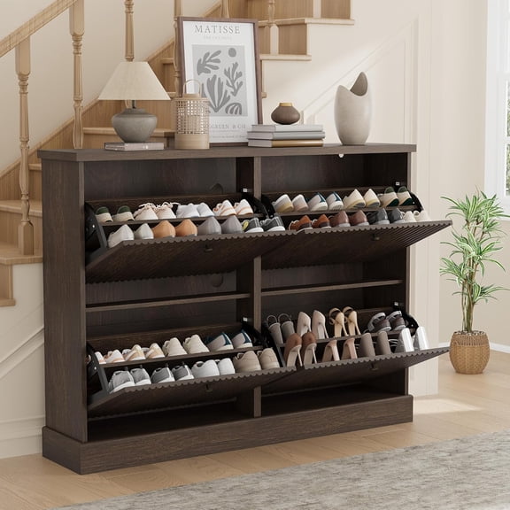 Fluted Shoe Cabinet Storage with 4 Flip Drawers, Wooden Fluted Narrow Shoe Organizer with Adjustable and Removable Shelves, Freestanding Slim Shoe Storage for Entryway Hallway, Walnut