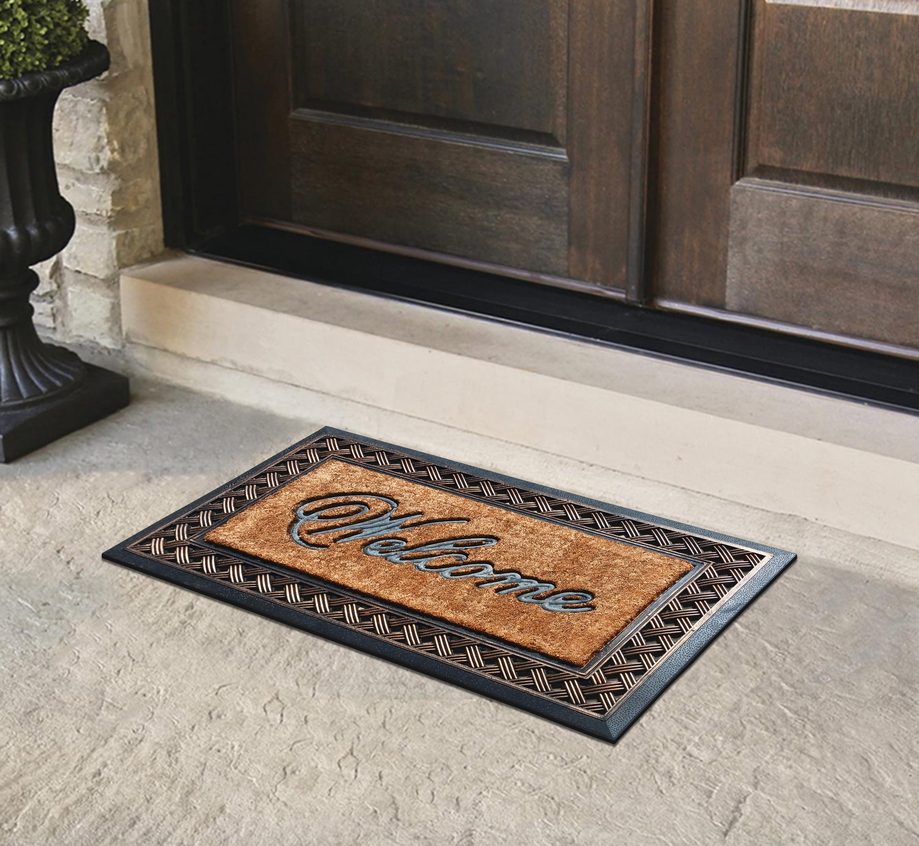 A1 Home Collections 38"×23" Natural Coir & Rubber Doormat - Decorative Welcome Design, Heavy Duty Coconut Fiber Entry Mat with Non-Slip Backing - Anti-Shed Treated, Low Profile Outdoor Front Door Mat