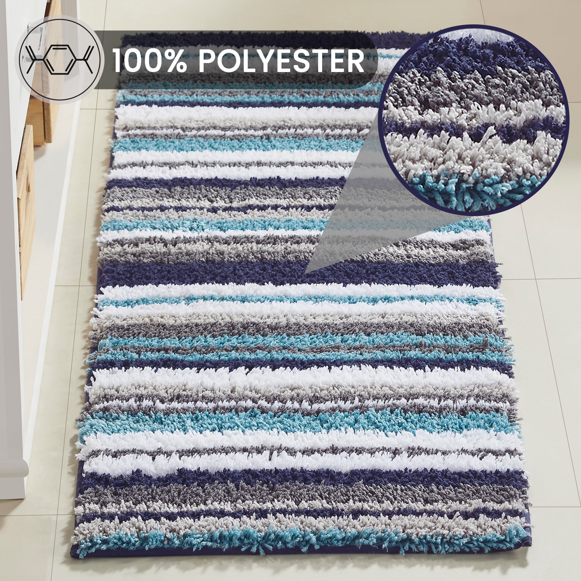 Better Trends 20" x 60" Bathroom Runner Mat, 100% Polyester Non-Slip Bath Rug, Water Absorbent, Machine Washable Griffie Collection - Blue