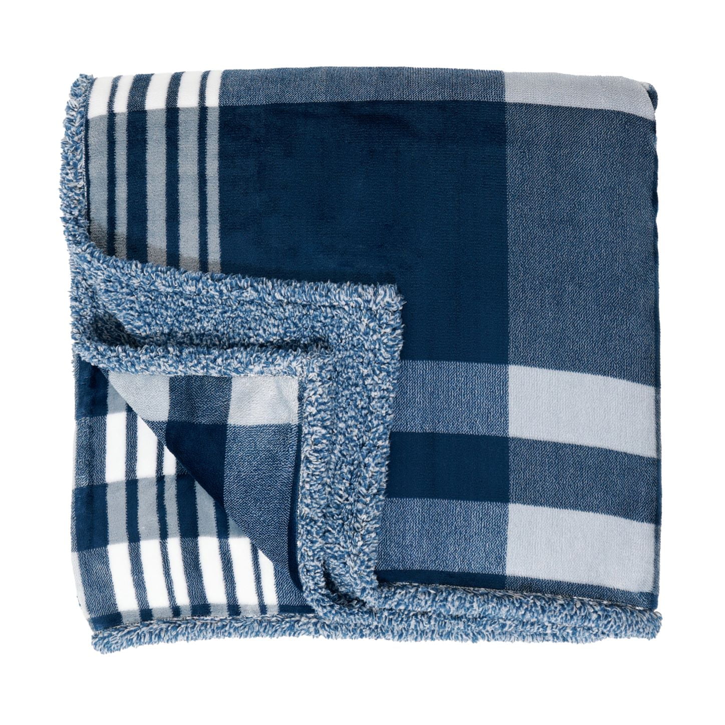 Berkshire Blue, White, Multi-Color Plaid Sherpa, Velvet Plush Reversible Bed Blanket, King