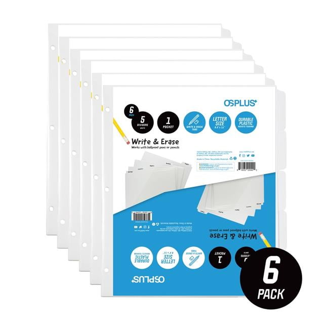 OS Plus OSD5TWEW06 5-Tab Write & Erase Binder Dividers with Single Pocket - White, Set of 6