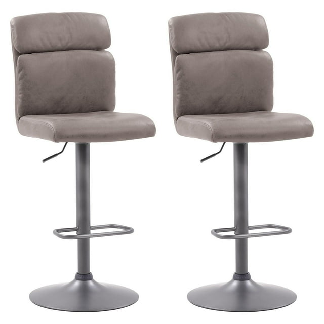 Set of two CorLiving Palmer high back upholstered indoor barstools in distressed grey with adjustable height and round metal bases.