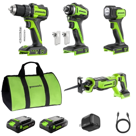 Open Box Greenworks 24V Brushless 4-Piece Power Tool Combo Kit with (2) 2.0Ah USB-C Batteries and 30W USB-C Charger