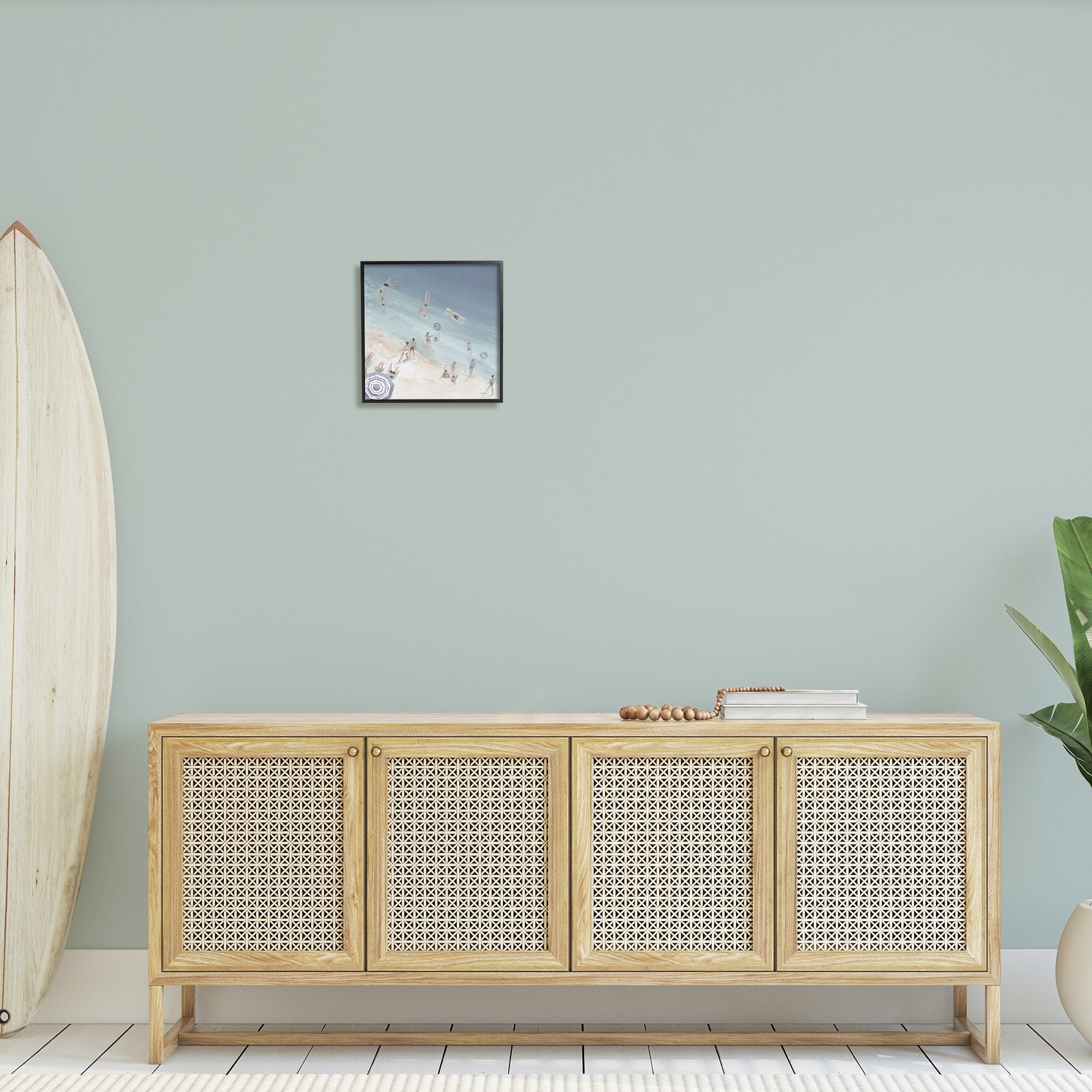 Stupell Industries Muted Blue Aerial Beach Scene Ocean Coast Crowd Graphic Art Black Framed Art Print Wall Art, 17x30, by Avery Tillmon