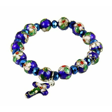 Crystal Enamel Cloisonne - Christian Cloisonne Cross Gold Leaf Enamel Filigree Stretch Bracelet