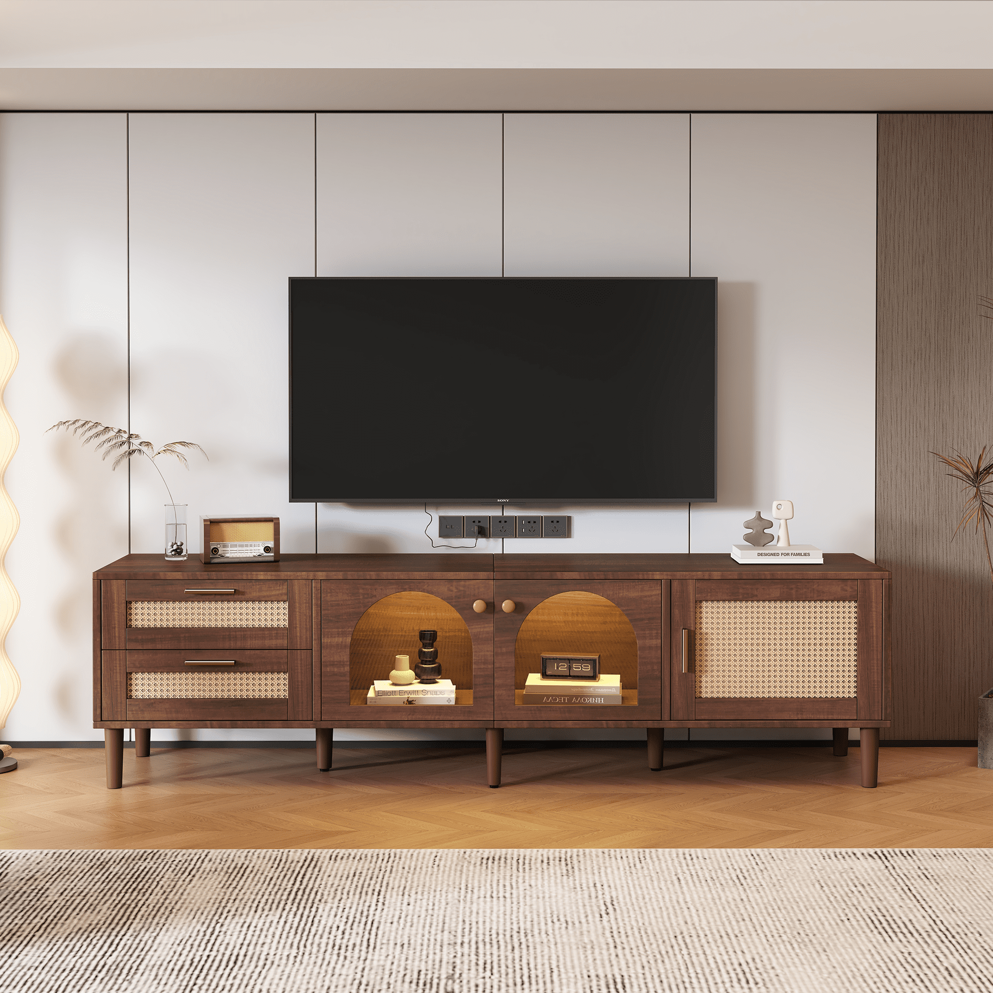 Harper & Bright Designs Rattan TV Stand with LED Light for 80 inch TV, Wood TV Storage Cabinet with Glass Doors and 2 Drawer, Media Console with Solid Wood Legs for Living Room, Dark Brown