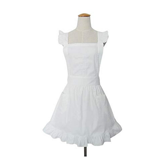 Cute White Retro Lady's Aprons for Women's Kitchen Cooking Cleaning Maid Costume with Pockets Â¡Â­