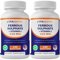 Vitamatic Ferrous Sulphate 325 mg   Vitamin C 100 mg - (65 mg Elemental Iron) High Potency Iron Supplement | No Artificial Color Additives - 250 Coated Tablets - Made in USA-2 Pack