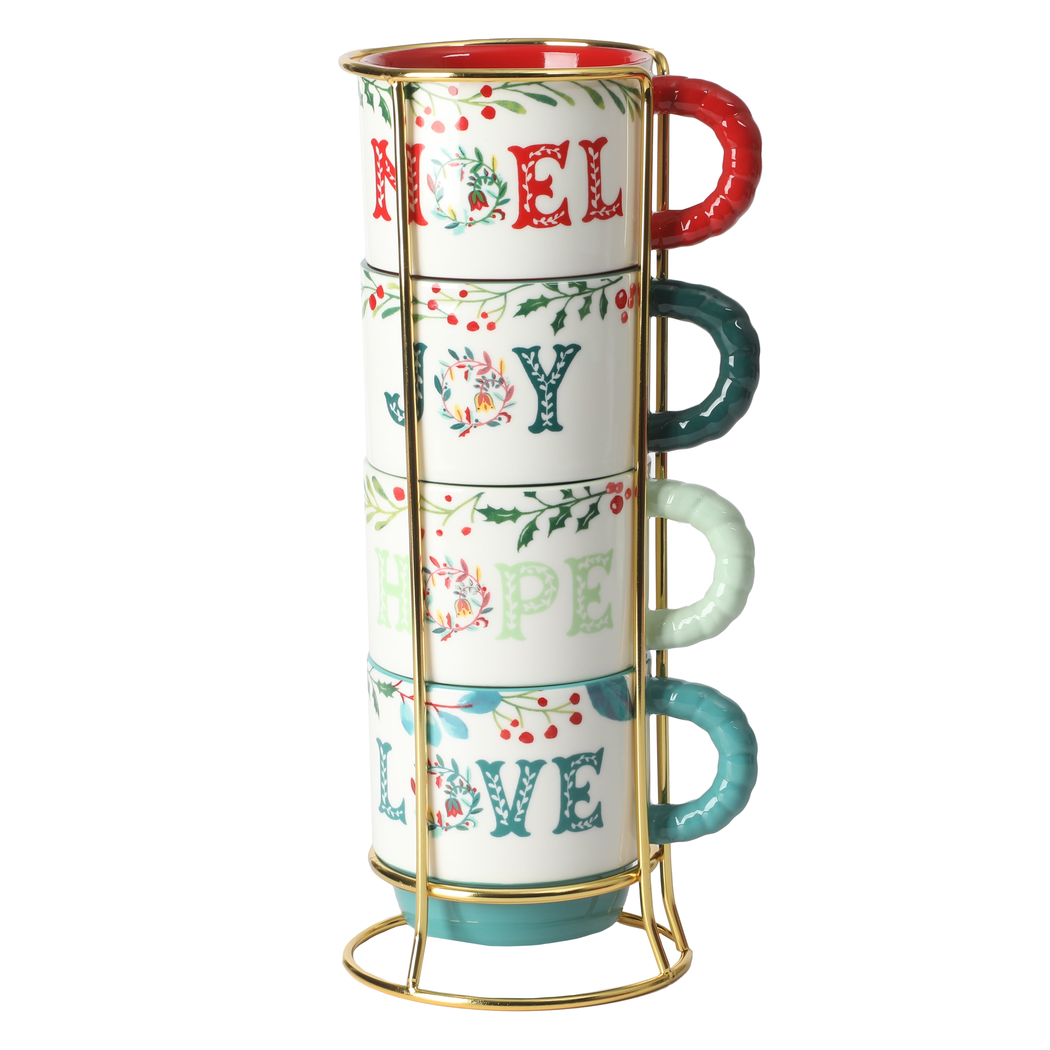 The Pioneer Woman Merry Meadow Sentiments 5-Piece 12.5oz Stoneware Stacking Mugs with Rack