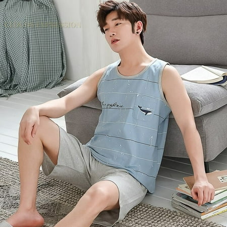 

QWZNDZGR Summer Men Pyjamas 100%Cotton Striped Pajamas Set Casual Sleeveless Sleepwear Pyjamas Night Suits Pijamas Plus Size 4XL Home PJ