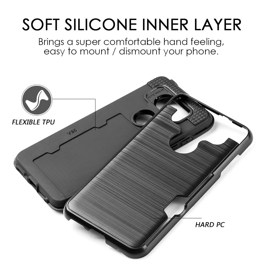 SUMACLIFE Card Holder Hybrid Protector Case for LG V30 (Black) Exact Perfect Fit