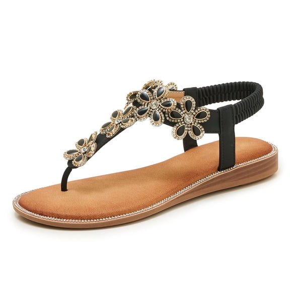 Women's Fashion Bohemian Sandals Summer Beach Casual Comfort Rhinestone Toe Post 2.5cm Flat Heel Polyester Upper Slip on Lightweight Vacation Wear for Ladies