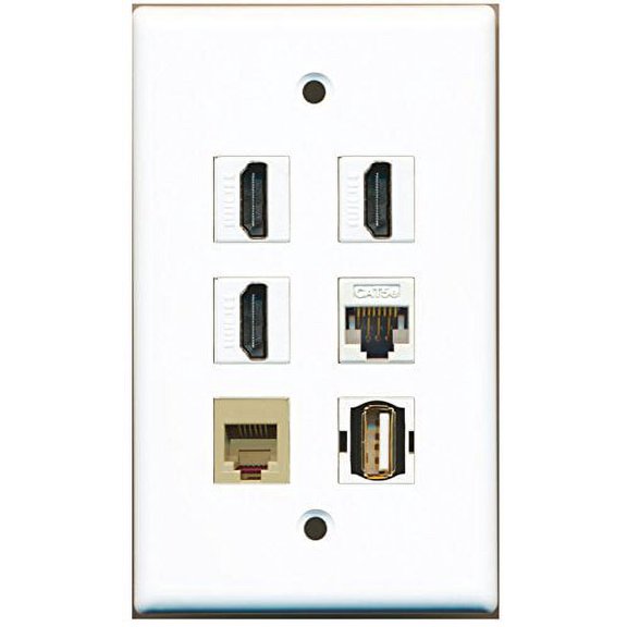RiteAV - 3 HDMI 1 Port USB A-A 1 Port Phone RJ11 RJ12 Beige 1 Port Cat5e Ethernet White Wall Plate