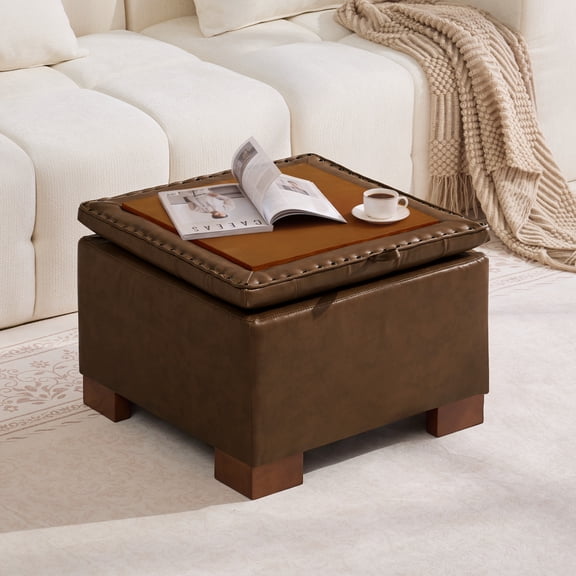 HASLE 24" Square Storage Ottoman Coffee Table, Linen Tufted Ottoman with Reversible Wooden Tray Lid, Ample Storage Footstool, Dark Brown