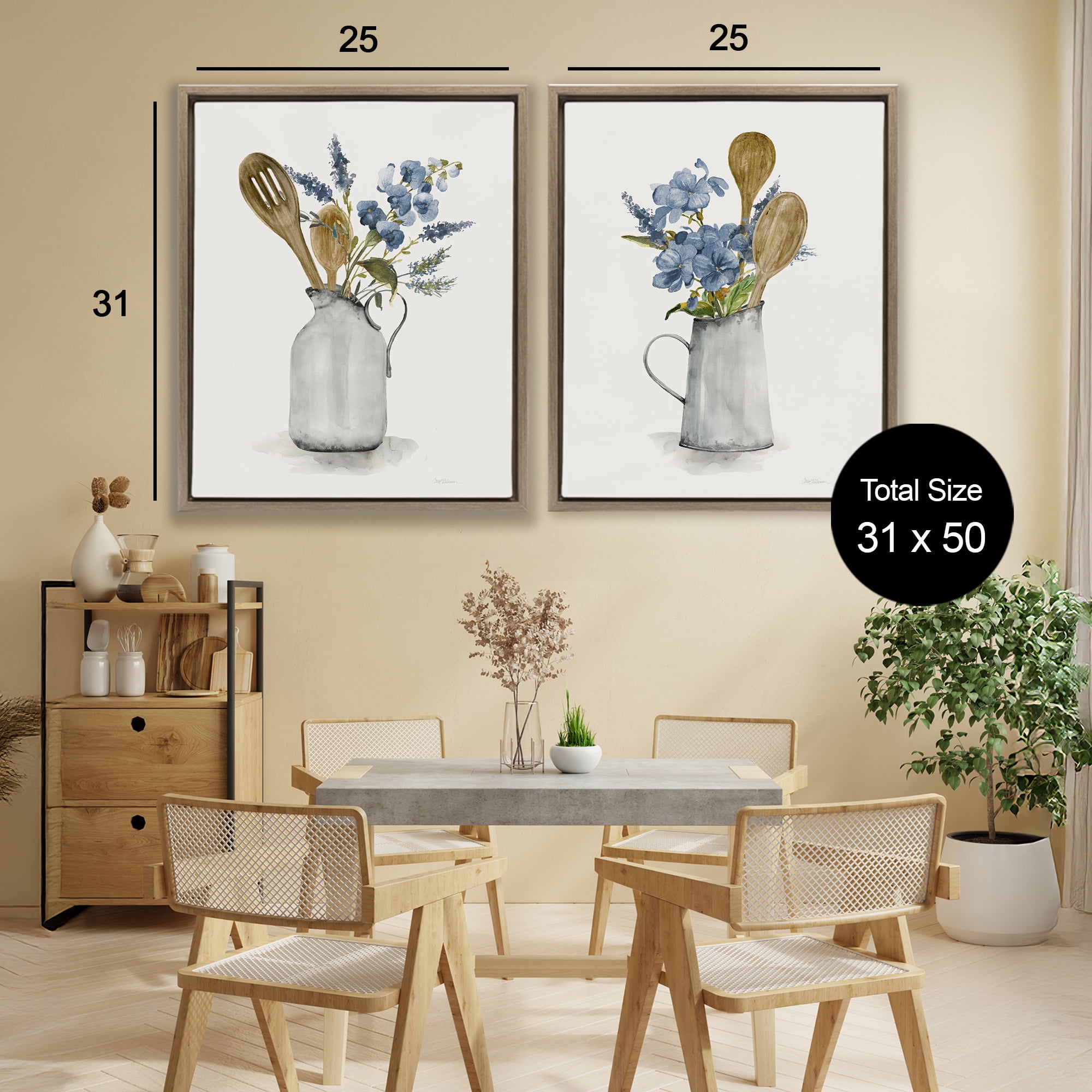 Stupell Industries Kitchen Pitcher Bouquets 2 Piece Brown Framed Floater Canvas Set, design by Carol Robinson