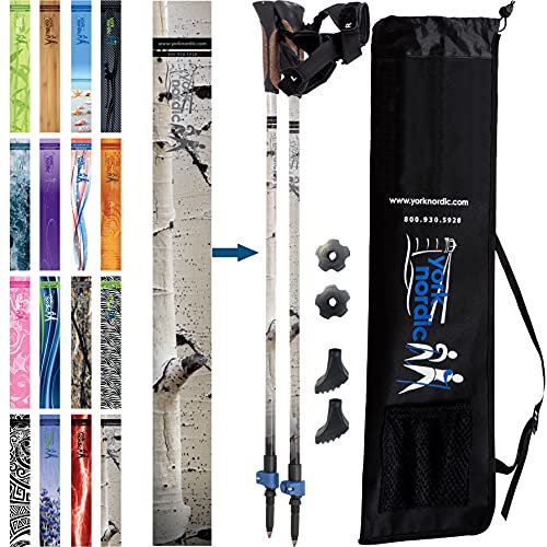 York Nordic Bâtons de Marche - Poignées Classiques Nordic - Légers, Ajustables et Pliables - 2 Pcs Ajustables avec Verrous Rabattables, Pieds Détachables et Sac de Voyage (Bouleau Blanc)