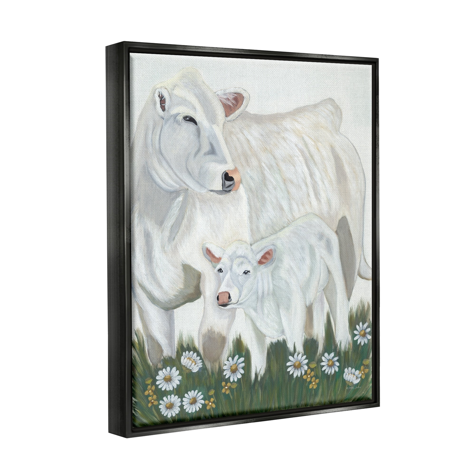 Stupell Industries White Cattle Family Mother Baby Calf Daisy Meadow Painting Jet Black Floating Framed Canvas Print Wall Art, Design by Ashley Justice