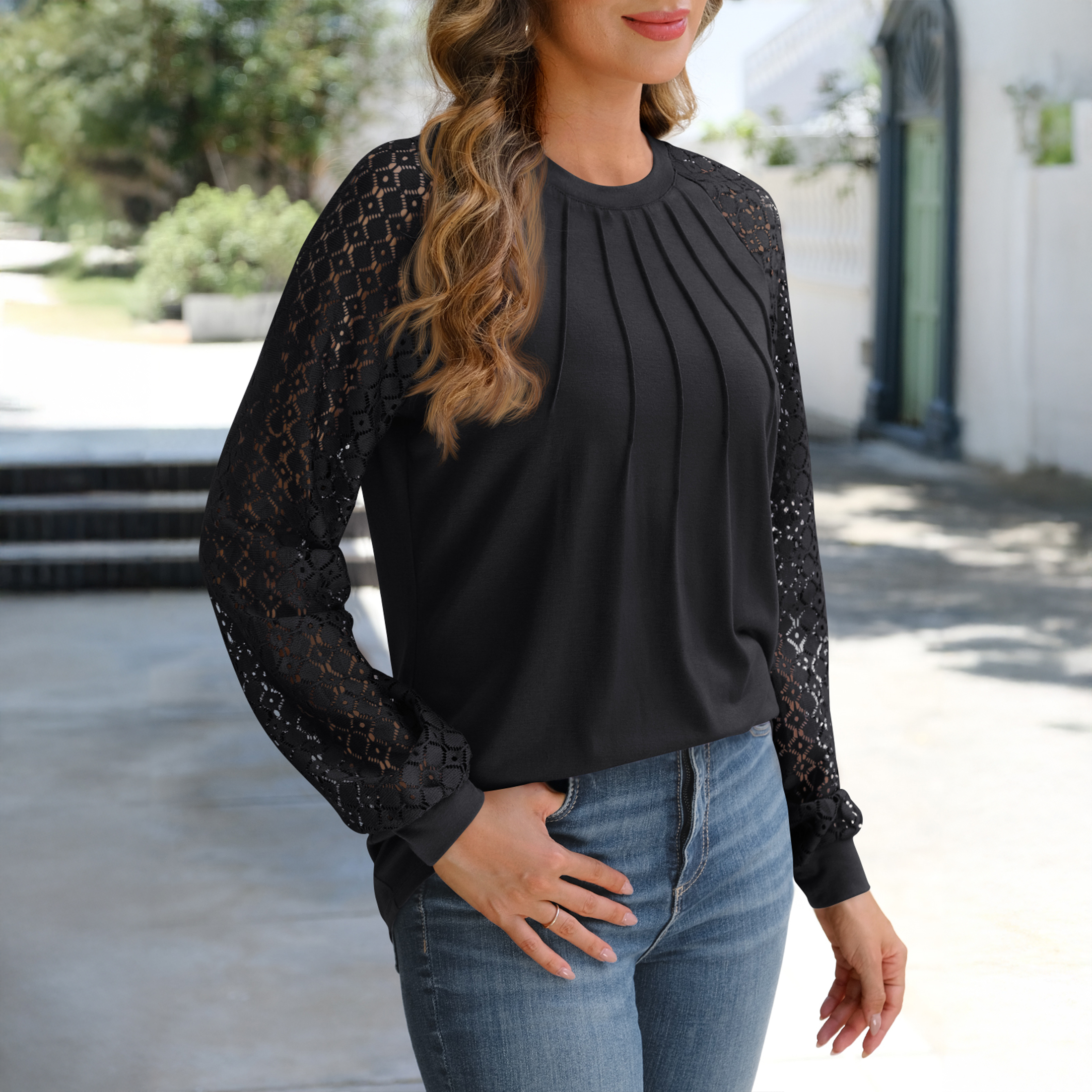SUNBS Women's Lace Raglan Long Sleeve Blouse, Black photo 2