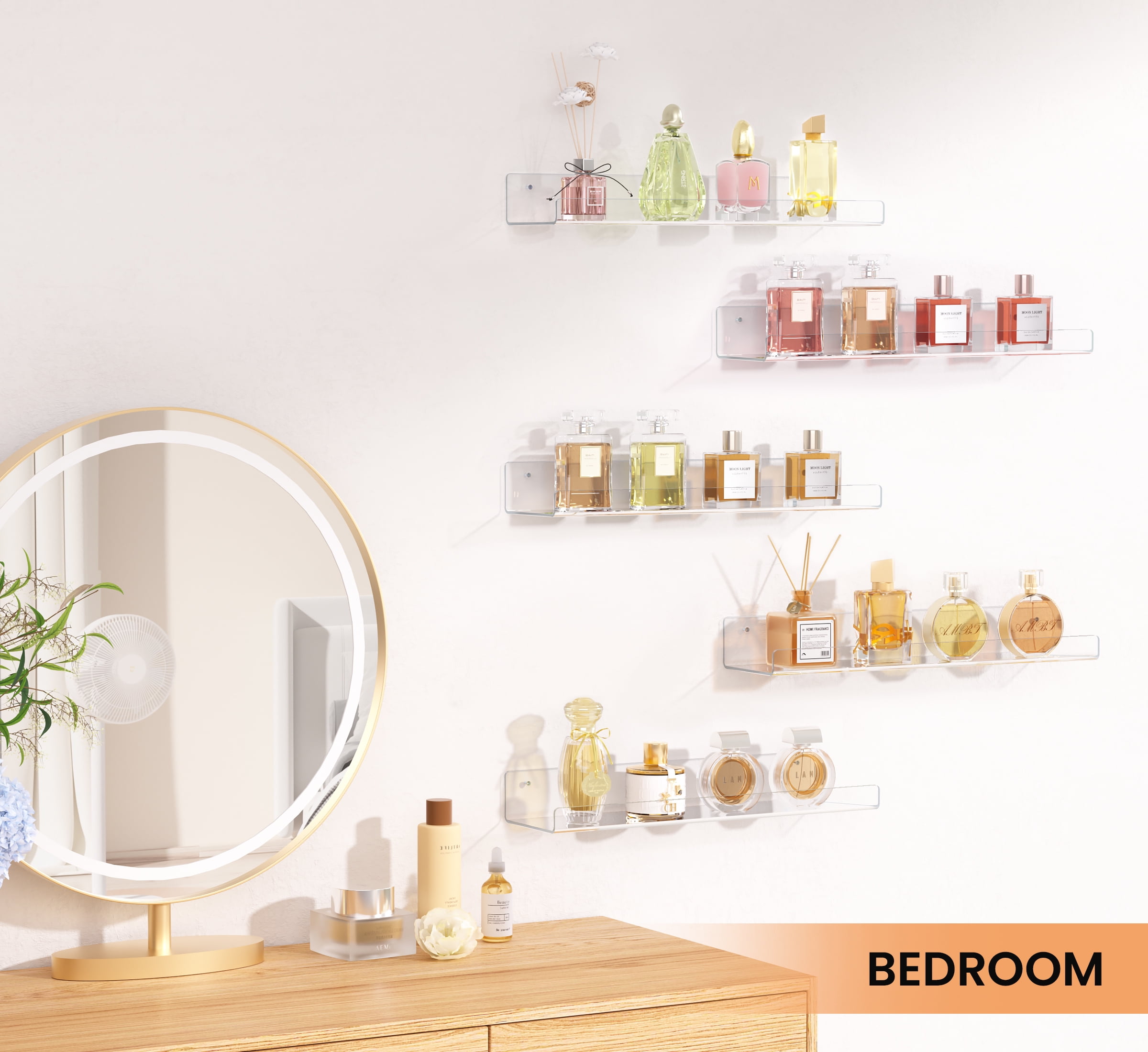 15" Acrylic Floating Shelves Wall Mounted, Upsimples 5pack Clear Acrylic Shelves, for Bedroom, Living Room, Bathroom, Kitchen