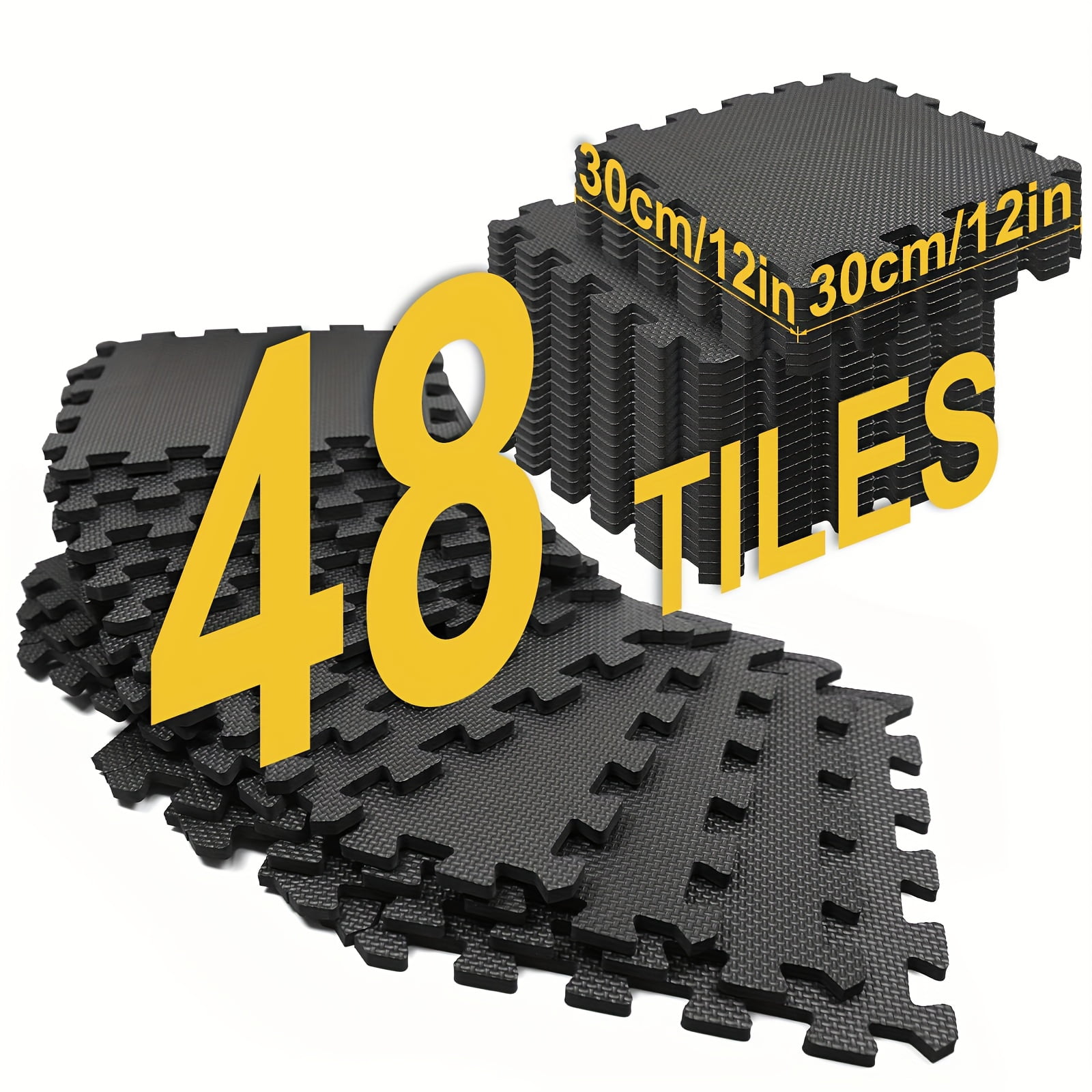 Heavy-Duty EVA Interlocking Floor Mats, 12x12 Inch 0.4" Thick Non-Slip Waterproof Foam Tiles, Black Puzzle Gym Flooring for Playroom, Yoga Studio, Indoor Outdoor Use (24 or 48 Tiles)
