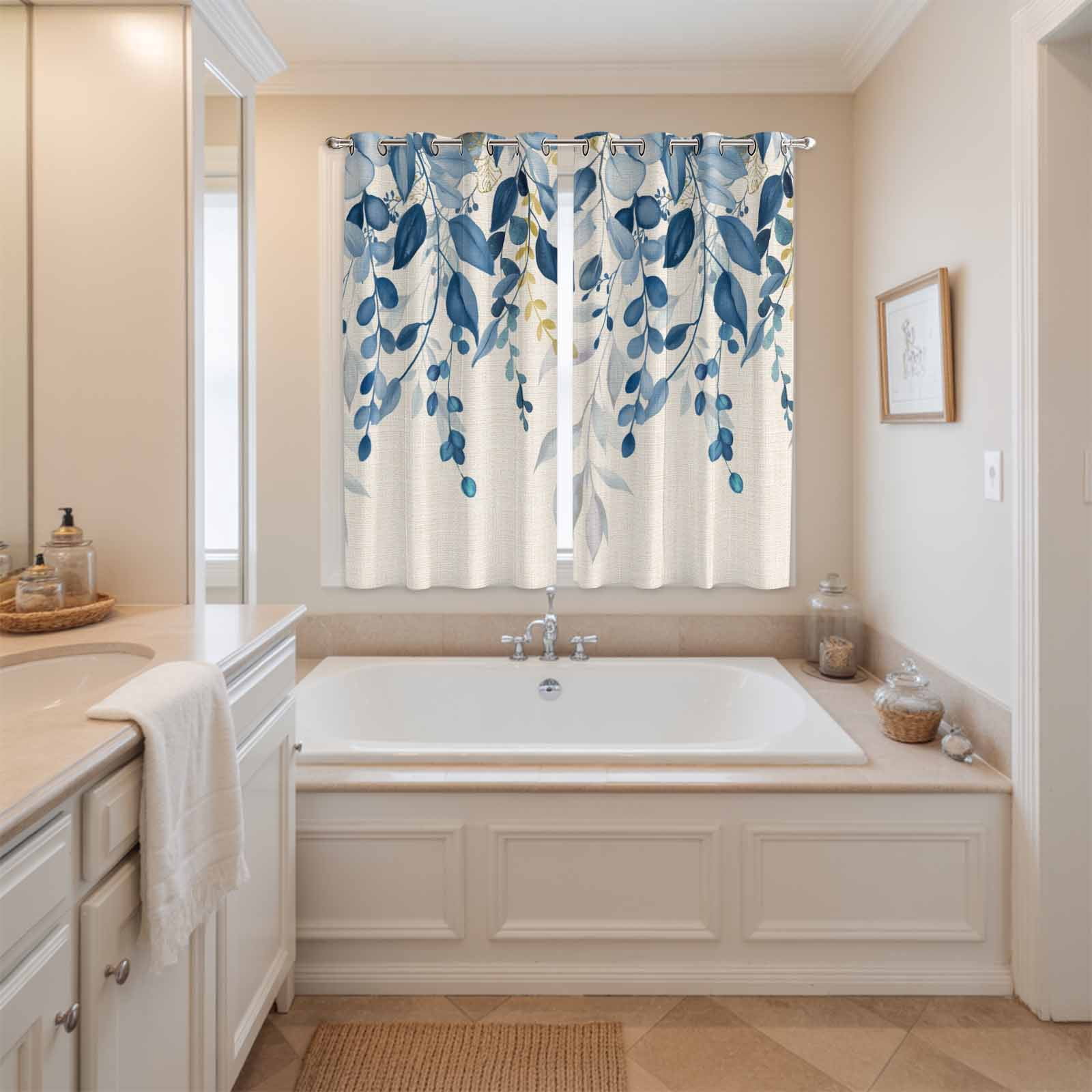 Curtains 63 Inch Length 2 Panels, Blue Eucalyptus Grommets Window Treatment Curtain, Farmhouse Weeping Leaves Linen Thermal Curtains Drapes for Living Room/Bathroom